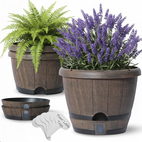 Sun-E 10" Self-Watering Whiskey Barrel Planter 3 Pack for Indoor Outdoor - color: Brown Wooden Grain