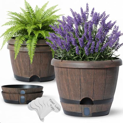 Sun-E 10" Self-Watering Whiskey Barrel Planter 3 Pack for Indoor Outdoor - color: Brown Wooden Grain