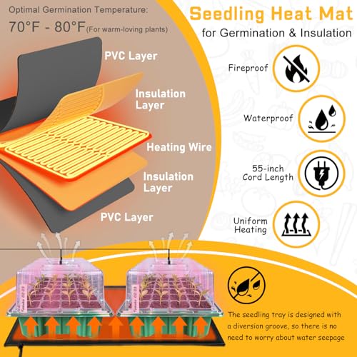 Seed Starter Trays with Grow Lights and Heat Mat, 2 Pack for Seed Starting - size: 2-Pack 48-Cell, style: With Heat Mat