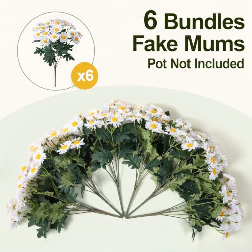 Artificial Fall Fake Mums Flowers Plants for Outdoor Decoration, 6 PCS Faux Silk White Gerbera Daisy UV Resistant No Fade Realistic for Planter Pot Outside Porch Patio Balcony Garden Yard Home Decor - color: White Mums