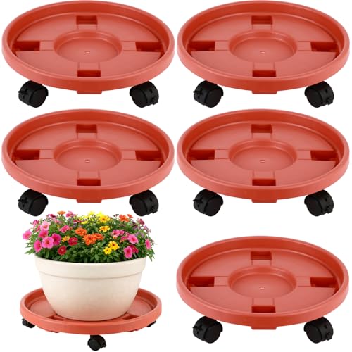 5-pack 14.2" Large Plant Caddy with Wheels Plastic Plant Dolly with Locking Caster Flower Pot Mover Rollers Wheeled Rolling Plant Stands Round Plant Saucer on Wheels Indoor Outdoor Base Coasters Red - color: Vintage red, size: 14.2"/ 5 packs