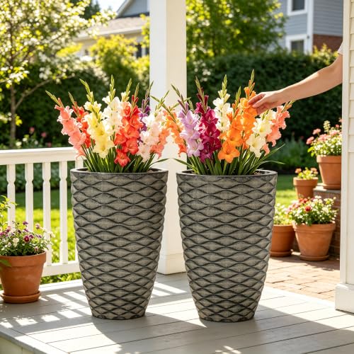 Autodaya 20" Tall Outdoor Planters Set of 2 Plant Pots, Black Wavy Texture - color: Weathered Black-20"h
