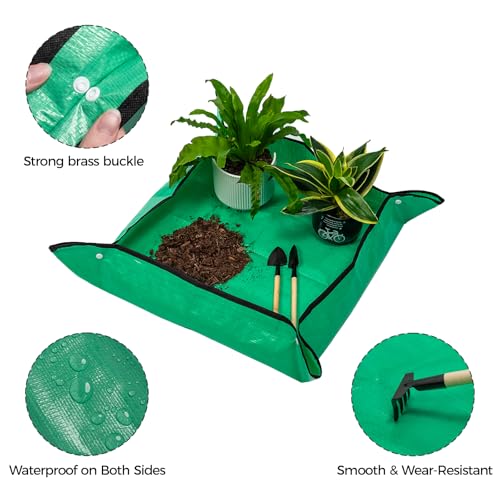 Plant Repotting Tarp 27"x 27" - Waterproof Repotting Mat for Indoor Plants, Extra Large Potting Mat with Raised Edges to Prevent Soil Spills, Green