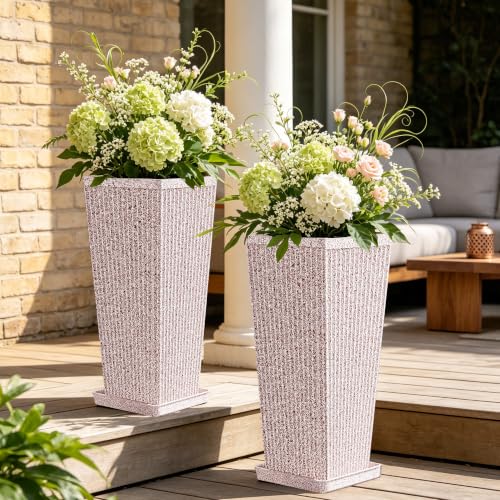 Square Tall Planters for Outdoor Plants with Tray - 24" Red 2Pack - color: White Red Speckled-sandblasting