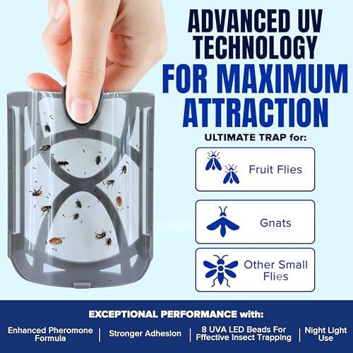 2 Fruit Fly Traps & 10 Adhesive Cartridges, Indoor Plug-in Bug Catcher, UV Light Fly Trap Captures Fruit Flies, Gnats, Houseflies, Moths, and Flying Insects for Kitchen, Bathroom, Plant Areas - size: 2 Devices + 10 Refill Cartridges