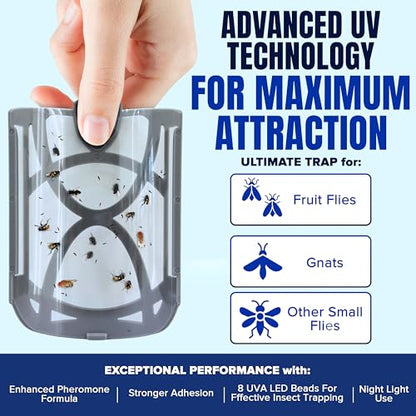 2 Fruit Fly Traps & 10 Adhesive Cartridges, Indoor Plug-in Bug Catcher, UV Light Fly Trap Captures Fruit Flies, Gnats, Houseflies, Moths, and Flying Insects for Kitchen, Bathroom, Plant Areas - size: 2 Devices + 10 Refill Cartridges