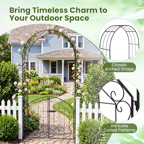 Giantex Garden Arch with Gate, 79" H Heavy-Duty Metal Arbor Trellis - color: Black