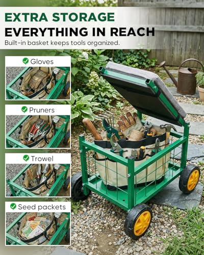 Saker Rolling Garden Cart with Seat & Wheels 15.7" EVA Padded Stool 500lb - size: Basic Version