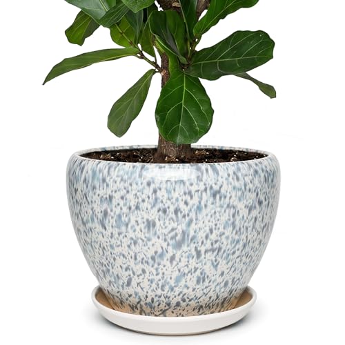 11 Inch Ceramic Plant Pot with Drainage Hole Mesh Net, Large Gardening Pots for Indoor Plants with Saucer, Spotted Blue - color: Spotted Blue, size: 11 Inch