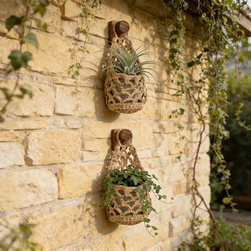 Macrame Plant Hanger Set of 2, Boho Wall Hanging Planter for up to 6" Pots - color: 2 Pcs Brown, size: 6 Inch