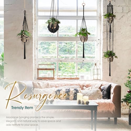 Macrame Plant Hanger Indoor Set of 4, Bohemian Hanging Planter with Tassels - color: Black