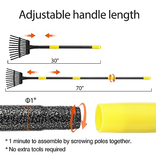 Oliynedy Leaf Rake for Gardening, Adjustable Metal Garden Rake for Leaves Long Handle 30-70", 11 Tines 9" Wide Small Lawn Collapsible Yard Adult Kids Rake for Camping Flower Beds Mulch Shrub - style: 30-70