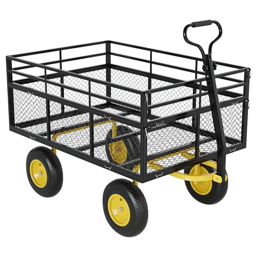 3-in-1 Heavy-Duty Steel Garden Cart, 1400 Lbs Garden Wagon, with 13 Inch All-Terrain Tires and Removable Mesh Side Panels, 180° Rotating Handle, Metal Multi-Function Carts, Outdoor Gardens Wagon Cart - color: Black + Yellow, size: 1400 Lb