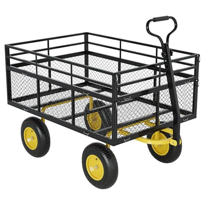 3-in-1 Heavy-Duty Steel Garden Cart, 1400 Lbs Garden Wagon, with 13 Inch All-Terrain Tires and Removable Mesh Side Panels, 180° Rotating Handle, Metal Multi-Function Carts, Outdoor Gardens Wagon Cart - color: Black + Yellow, size: 1400 Lb