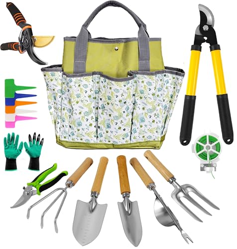 Gardening Tools – 42 Piece Premium Gardening Tool Set,Heavy Duty Hand Tools with Fashion Garden Tools Organizer Handbag,Rust-Proof Gardening Tool Kit, Ideal Gardening Gifts for All (Green Floral)