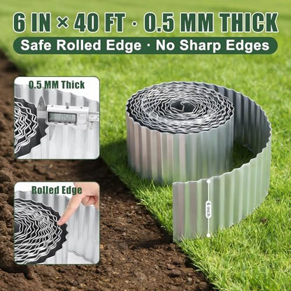 FEED GARDEN Corrugated Metal Garden Edging 6 Inch x 40 FT, Heavy Duty Galvanized Steel Landscape Border with Safe Rolled Edge, Flexible Lawn Edging for Flower Beds, Yard & Walkways