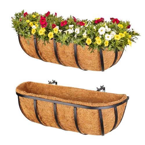 Legigo 2 Pack 16 Inch Window Box Deck Railing Planter with Coconut Liner, Balcony Rail Planters Horse Trough Window Planter Boxes, Metal Railing Hanging Flower Baskets for Outdoor Porch Fence Patio