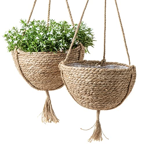 LA Jolie Muse Seagrass Hanging Planters, Set of 2, 12.4" D x 6.3" H, Brown - size: Large