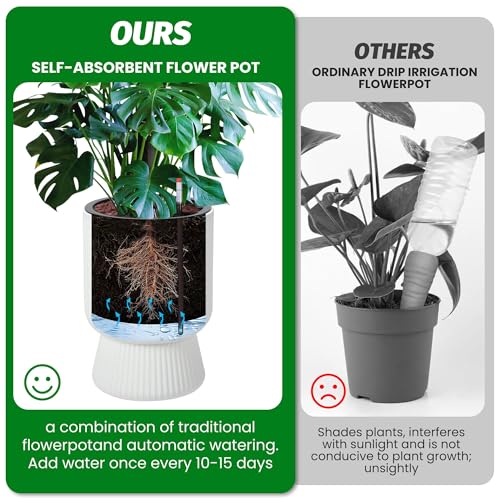 Garvee Self-Watering Planters, Set of 2, 14.2 Inch Tall Plant Pots - color: White