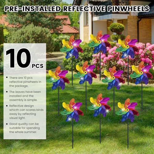 10 PCS Reflective Pinwheels for Yard and Garden Bird Devices Pre-Installed Sparkly Wind Spinner Deterrent to Scare Birds Away from Yard Patio Farm (Multicolor-2) - color: Multicolor-2