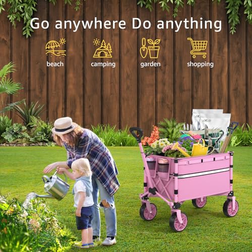 ROSONG Collapsible Wagon Cart with Wheels Foldable - Folding Utility Heavy Duty Wagons Carts for Grocery Sports Garden Shopping Camping Wheelbarrows (Pink, 120L) - color: Pink, size: 120L