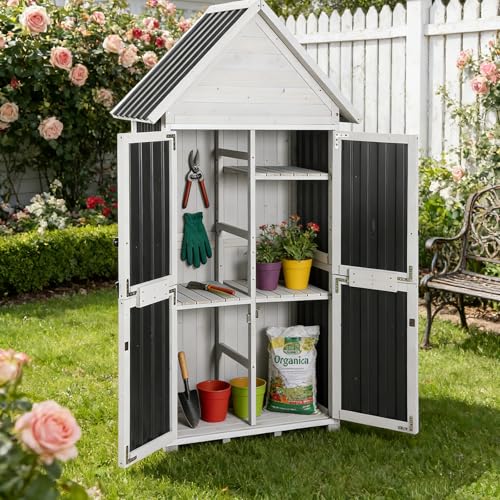 Outdoor Storage Shed Cabinet Strong Iron Frame Surrounding Garden Tool Storage with Adjustable Shelfs,Large Space - size: 30"W Dark Brown