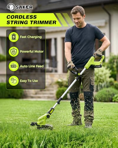 Saker Cordless Weed Wacker,3-in-1 Weed Cutter with Auto Line Feed, 12-in Cordless Lawn Mower Grass Trimmer&Edger Lawn&Mower Tool with 2 Batteries for Yard, Garden,Wireless Weed Eater with 2 Lines