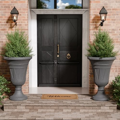 Tall Plastic Urn Planters and Pedestal - 24" Outdoor Planter Grey - color: Dark Grey-trophy