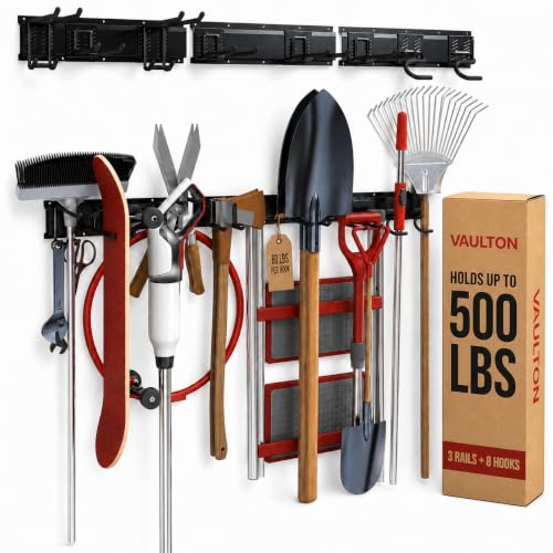 VAULTON 48" Garage Wall Organizer, Metal Slot Tool Rack, 3 Rails 8 Hooks - size: 11-Piece Set (3 Rails, 8 Hooks)