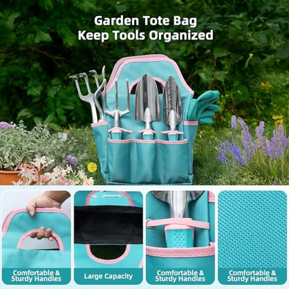 MelonArt Garden Tool Set,8 Pcs Gardening Hand Tool Starter Kit for Women Heavy Duty Outdoor Tool Kit Aluminum Alloy with Non Slip Ergonomic Handle, Ideal Gifts for Women and Men, Green&Pink