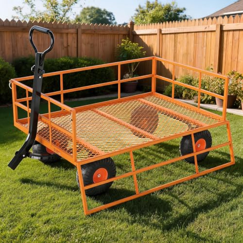 Heavy Duty Steel Garden Cart - 1200 lbs Capacity Utility Wagon, Removable Sides, 2-in-1 Handle, 13" Wheels for Yard, Lawn, Garden Work - Orange (Pantone Orange 021C, HEX #FF7F00) | 1200 lbs | - color: Orange, size: 1200 LBS
