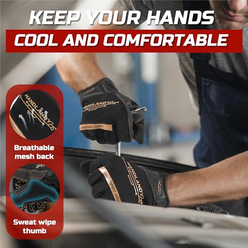 HANDLANDY Mens Work Gloves Touch screen, Utility Mechanic Gloves, Flexible Breathable Fit- Padded Knuckles & Palm - color: Black Gold, size: Medium
