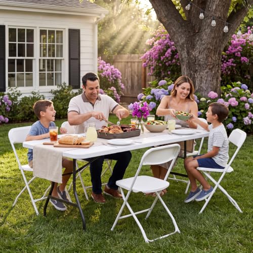 Folding Table, 6FT Foldable Picnic Table with Carrying Handle, Heavy Duty Fold-in-Half Portable Table for Weddings, Camping, RV Travel, Parties, BBQs, and Indoor Use, Easy to Fold and Store, White - color: White, size: 6FT