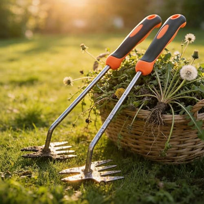 Hand Weeder Puller Tool, Heavy-Duty Stainless Steel Root Removal Tool with Ergonomic Non-Slip Handle, Manual Dandelion Remover for Garden Lawn Yard, Handheld Weeding Tool for Deep Roots, 2 Pack