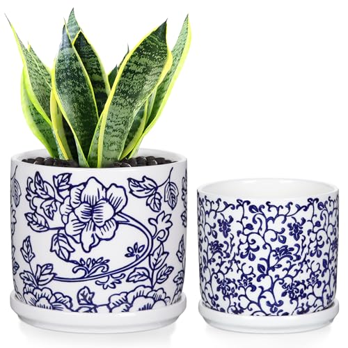 Set of 2 Blue and White Ceramic Plant Pots with Drainage Hole and Saucers, Retro Blue Porcelain Vase Round Planters for Succulent Cactus Indoor Outdoor Garden Home Desktop Decor, 4.5+5.5 Inch - color: Style 1