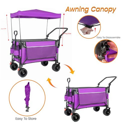 Folding Wagon Cart with Removable Canopy 480LBS Utility Cart on Wheels - color: Purple Canopy