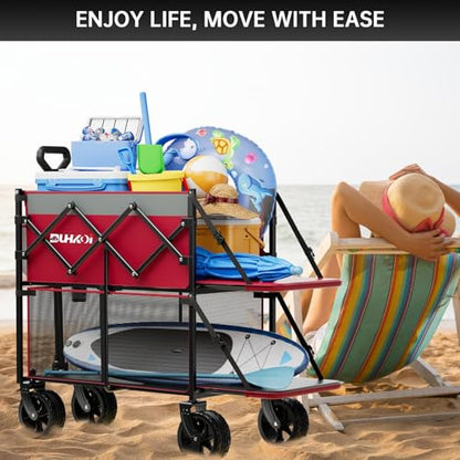 Double Decker Collapsible Wagon with Brakes,Compact with Tailgate - color: Rose Pink