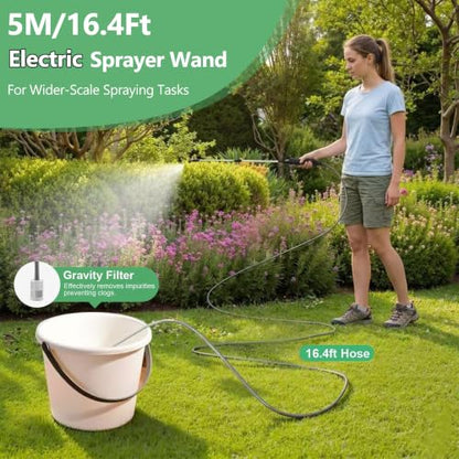 Battery Powered Sprayer Wand,23.6" Electric Sprayer Telescopic Wand with 3 Adjustable Spray Forces Portable Garden Sprayer with 16.4ft Hose 3 Water Hose Nozzle for Lawn and Garden Plant Watering