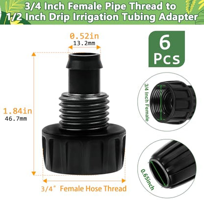 3/4 Inch Female Pipe Thread to 1/2 Inch Drip Irrigation Tubing Adapter, 6 Pack 1/2 In. Barbed Drip Line x 3/4 In. FHT Swivel Faucet Garden Hose Adapter Convert 3/4" Hose to 1/2" Pipe - size: 3/4" x 1/2" Faucet Adapter