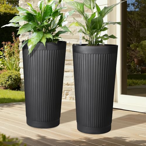 Self Watering Tall Planters Set of 2, Black Round - color: Round Stripe Black