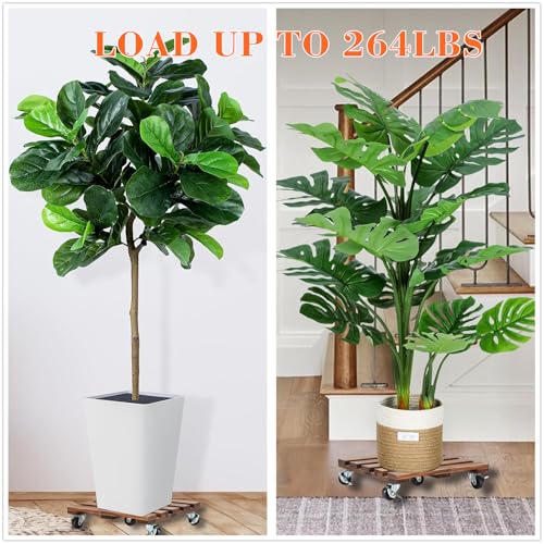 2 Pack Plant Caddy with Wheels, 14" + 12" Rolling Plant Stand 264 LBS Heavy Duty Wooden Square Plant Dolly with Metal 360° Lockable Caster Wheels for Outdoor Indoor Large Plant Pots, Flower Pot, Patio - size: 14"&12"