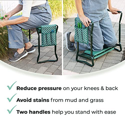 Garden Kneeler And Seat - Protects Your Knees, Clothes From Dirt & Grass Stains - Foldable Stool For Ease Of Storage - EVA Foam Pad - Sturdy and Lightweight - Bench Comes With A Free Tool Pouch!