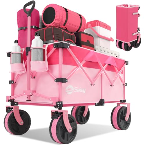 Sekey 220L Beach Wagon, 330 lb Capacity, Foldable, 8 in Wide Wheels - color: Pink