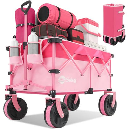 Sekey 220L Beach Wagon, 330 lb Capacity, Foldable, 8 in Wide Wheels - color: Pink