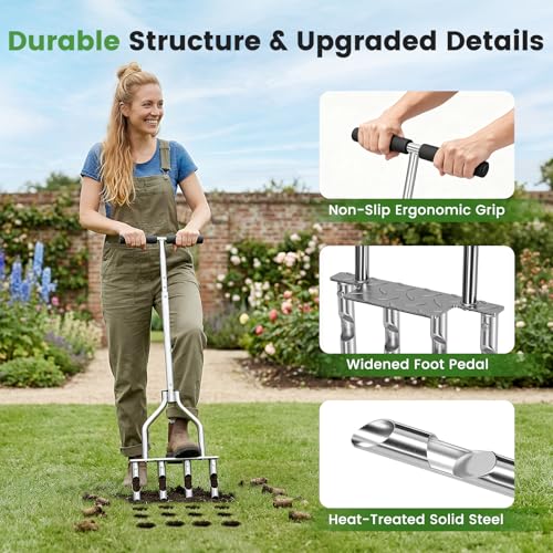 Manual Lawn Core Aerator with 4 Hollow Tines, Plug Aerator Tool
