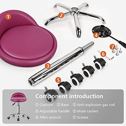KKTONER PU Leather Round Rolling Stool with Back Rest Height Adjustable Swivel Drafting Work SPA Medical Task Chair with Wheels (Rose red) - color: Rose Red