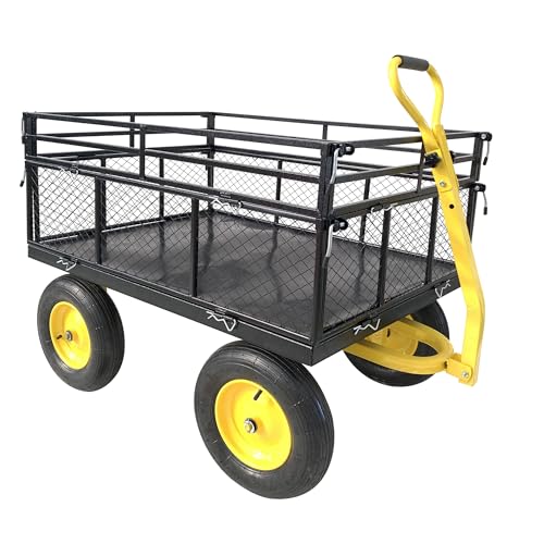 KEIKI 1400 lb Steel Garden Cart with Removable Mesh Sides, Heavy Duty Utility Wagon Convertible Flatbed, 16 in Pneumatic Tires, 2-in-1 Handle Tow Behind or Pull for Yard, Farm, Lawn - color: Yellow