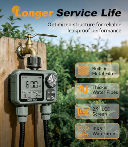 Kenkor Sprinkler Timer 2 Zone, Water Timers for Garden Hose, Brass Inlet, Programmable Hose Timer with Rain Delay/Manual Modes, Faucet Timers for Lawn, Yard