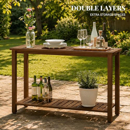48" Narrow Outdoor Console Table, Sofa Buffet Serving Patio Table - color: Brown