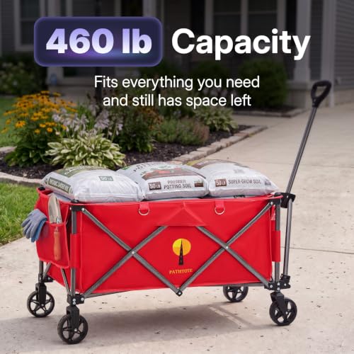 39" L Collapsible Wagon with All-Terrain Wheels, 460 lbs Foldable Cart with Detachable Flashlight, Pockets & Flexible Steering Handle, Red Utility Heavy Duty Folding Beach Wagons Carts - color: Red